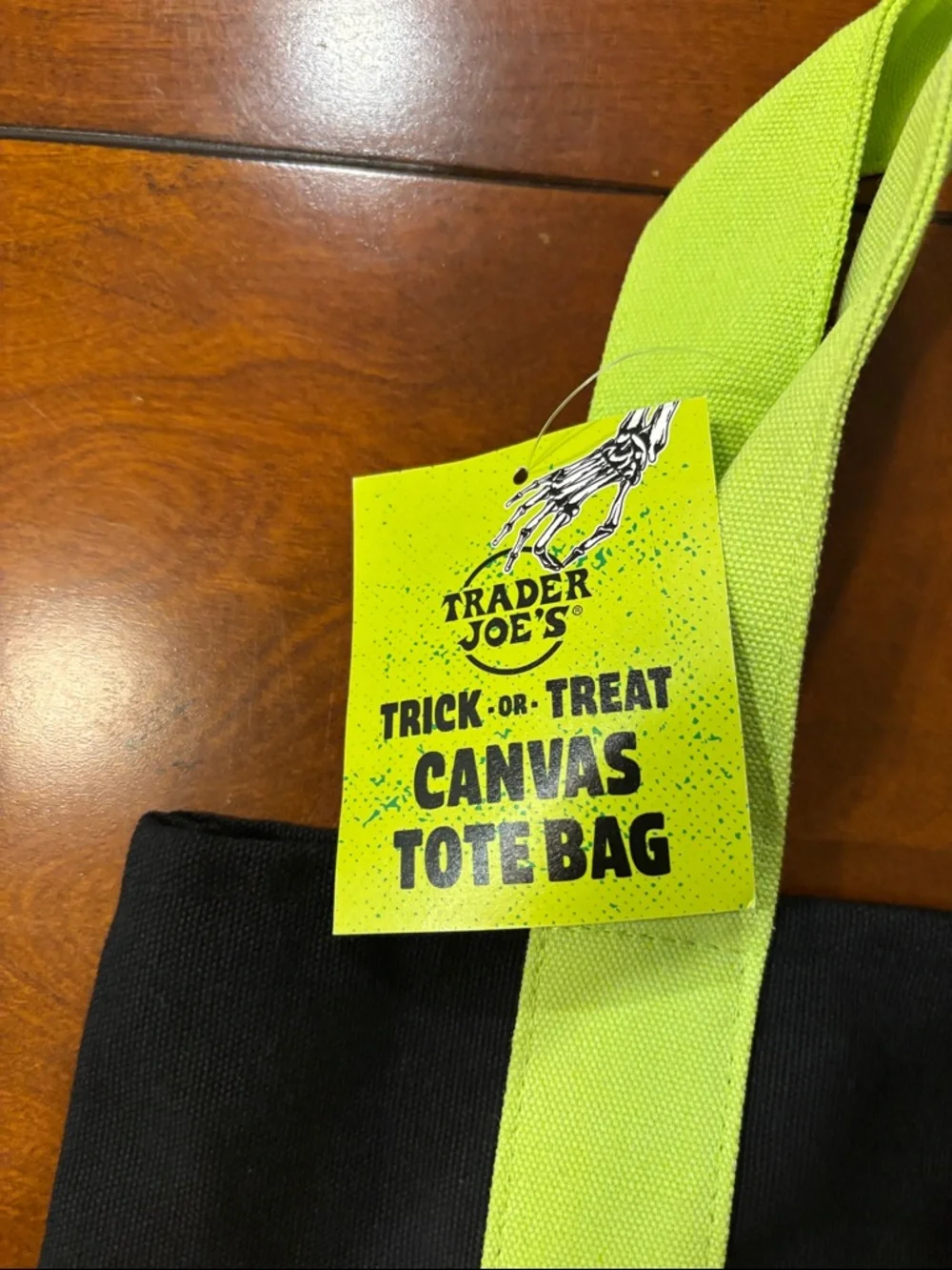 Trader Joe's Black Canvas Tote Bag with Lime‎ Handles and Purple Base